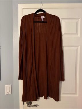 Women’s Open-Front Ribbed Cardigan Sweater - Burnt Reddish Brown